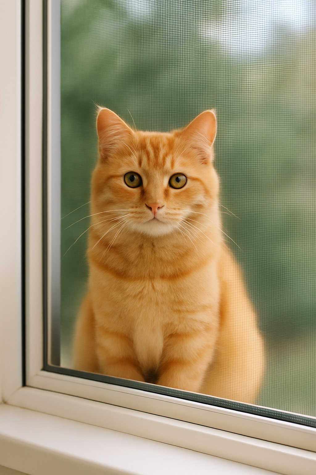 Tatlı turuncu kedi pencere sinekliğinde oturuyor